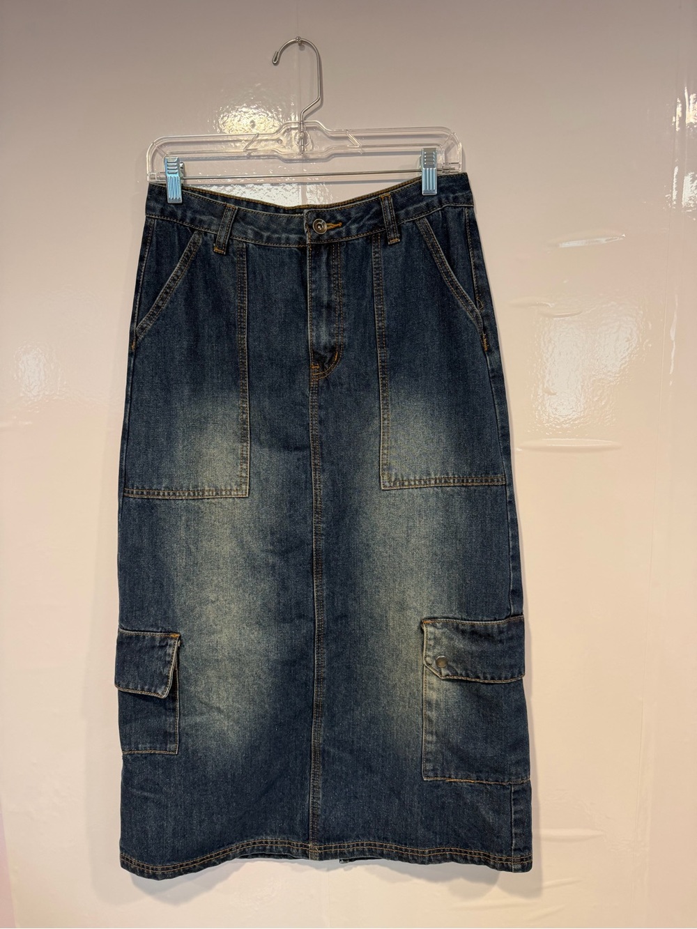 Classic Social Collision Dark Blue Denim Cargo Midi Skirt - Women
